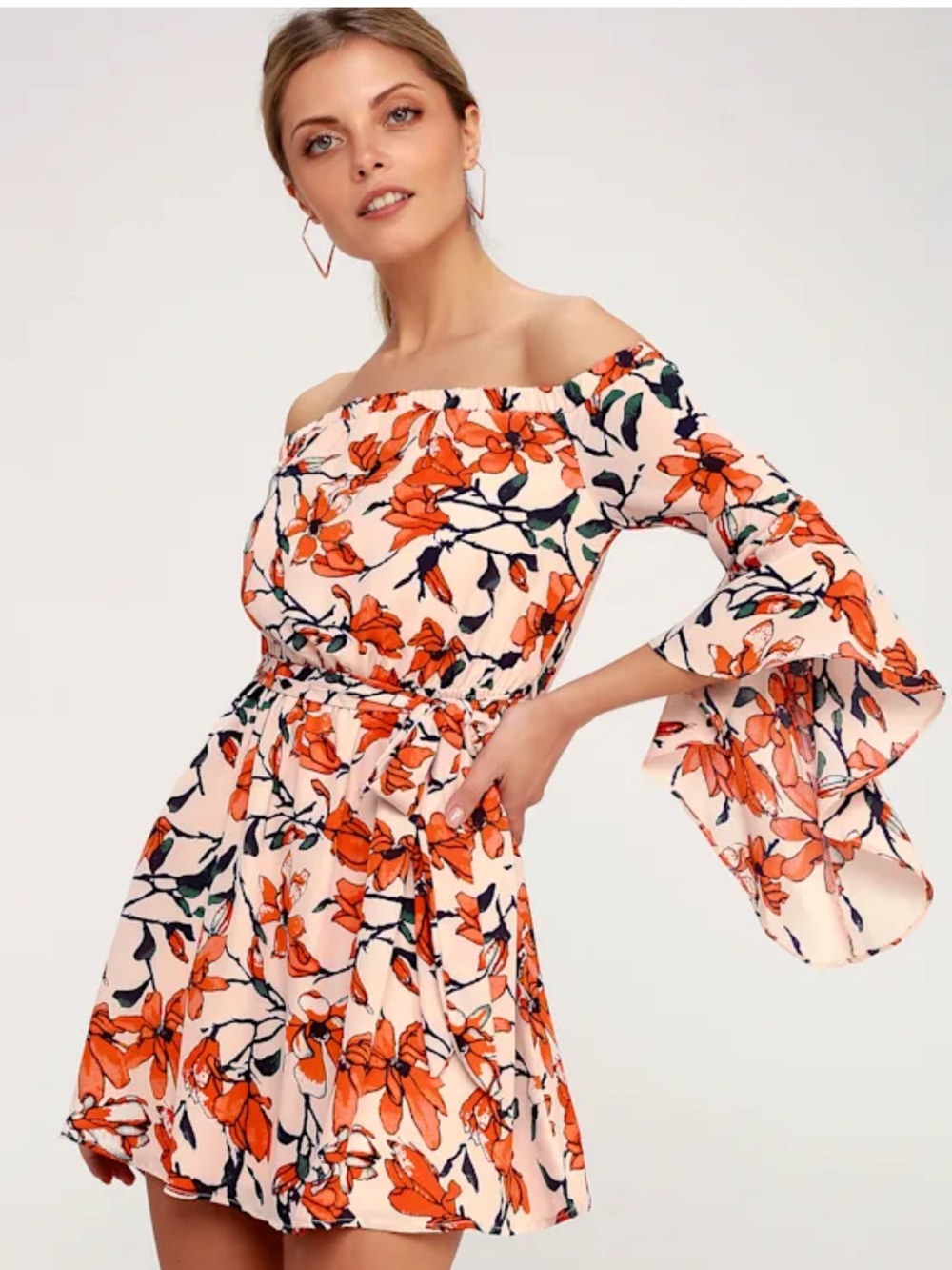 Lulu's Cream One-Shoulder Floral Dress with Orange Blooms